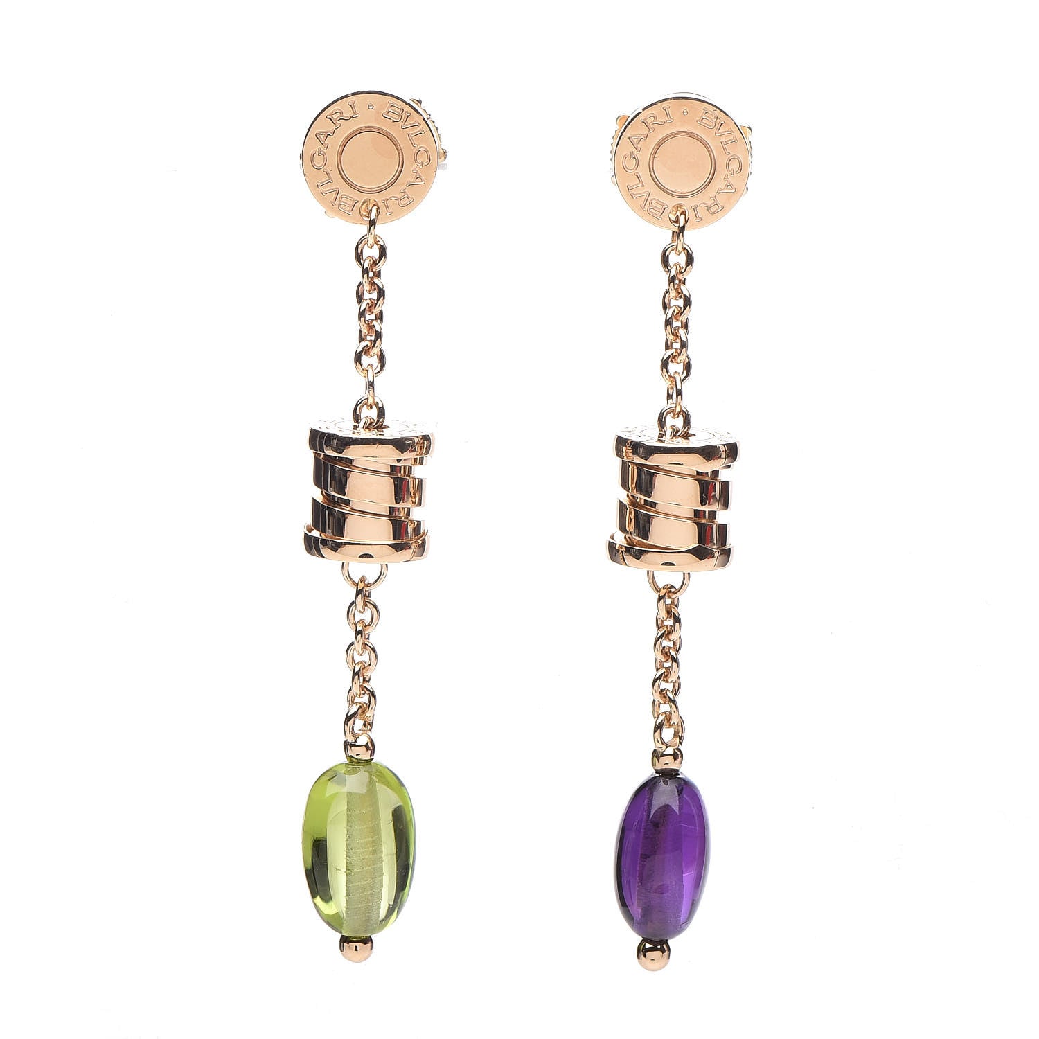 Bulgari 18K Yellow Gold Amethyst Peridot B.Zero1 Drop Earrings 1 of 3