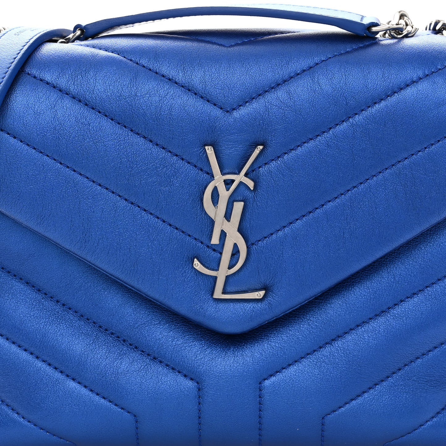 Metallic Calfskin Y Quilted Monogram Small Loulou Chain Satchel Blue Royal