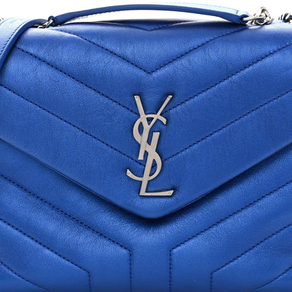 Saint Laurent Metallic Calfskin Y Quilted Monogram Small Loulou Chain Satchel Blue Royal 7 of 9