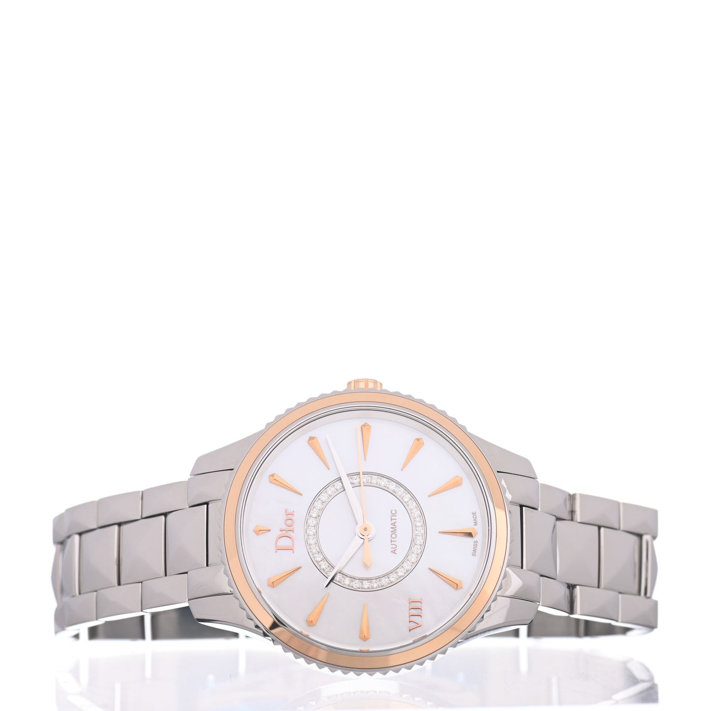 Stainless Steel 18K Rose Gold Diamond Mother of Pearl 36mm Dior VIII Montaigne Automatic Watch