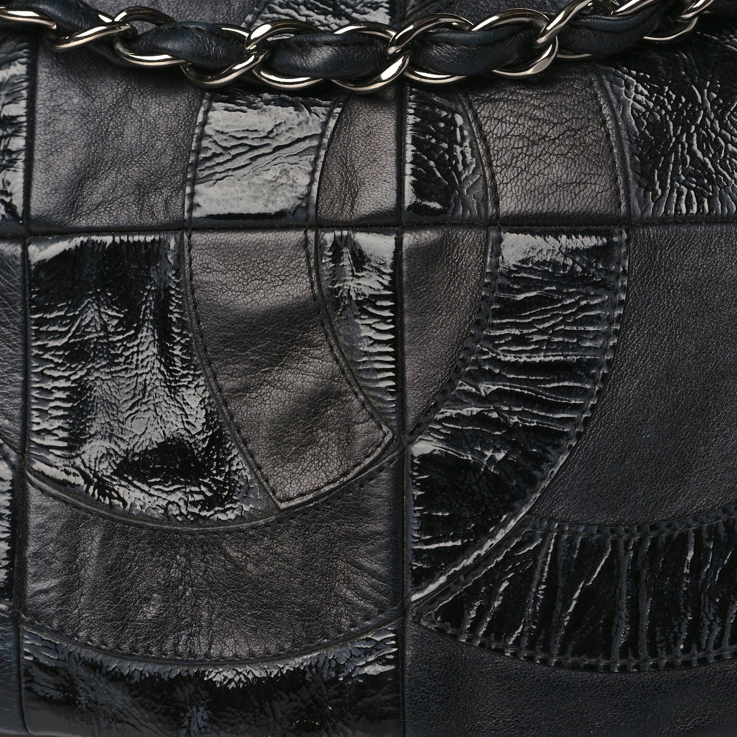 Lambskin Patent Calfskin Brooklyn Patchwork Accordion Flap Black