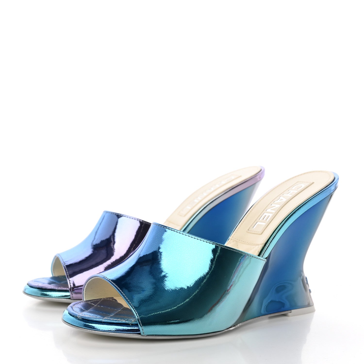 Chanel Laminated Calfskin Wedge Mules 39 Blue Purple 3 of 11
