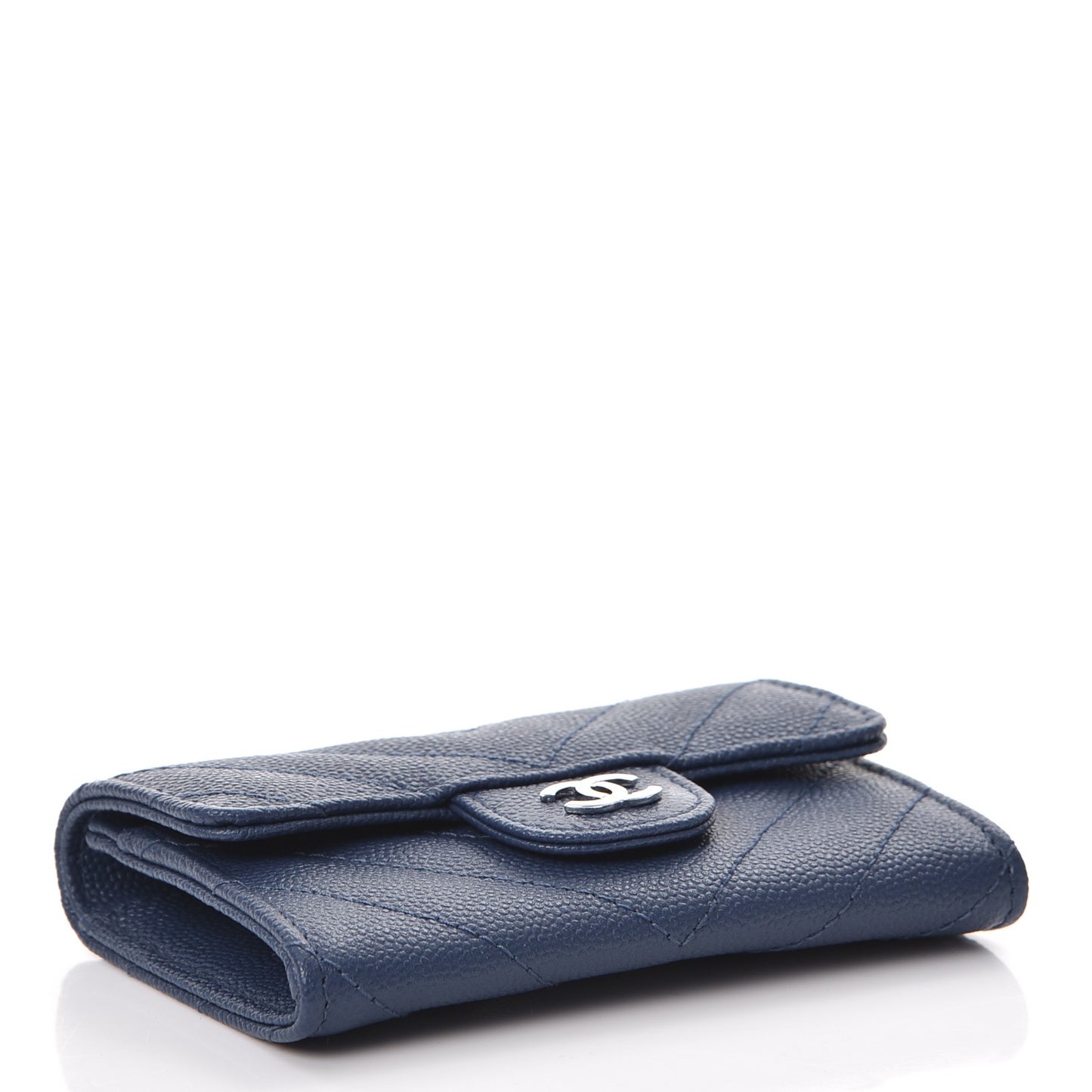 Caviar Chevron Quilted Card Holder Wallet Dark Blue