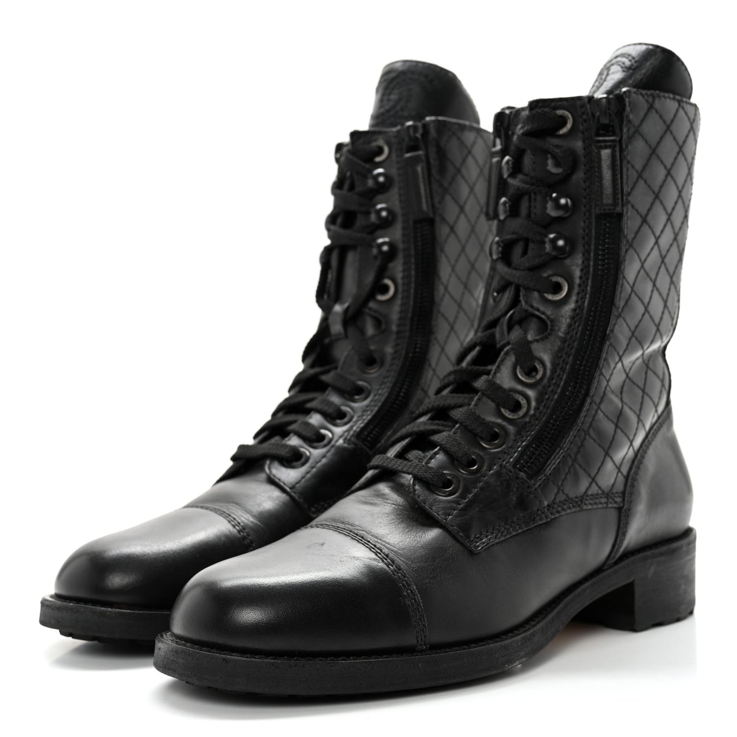 Calfskin Quilted Lace Up Combat Boots 40 Black