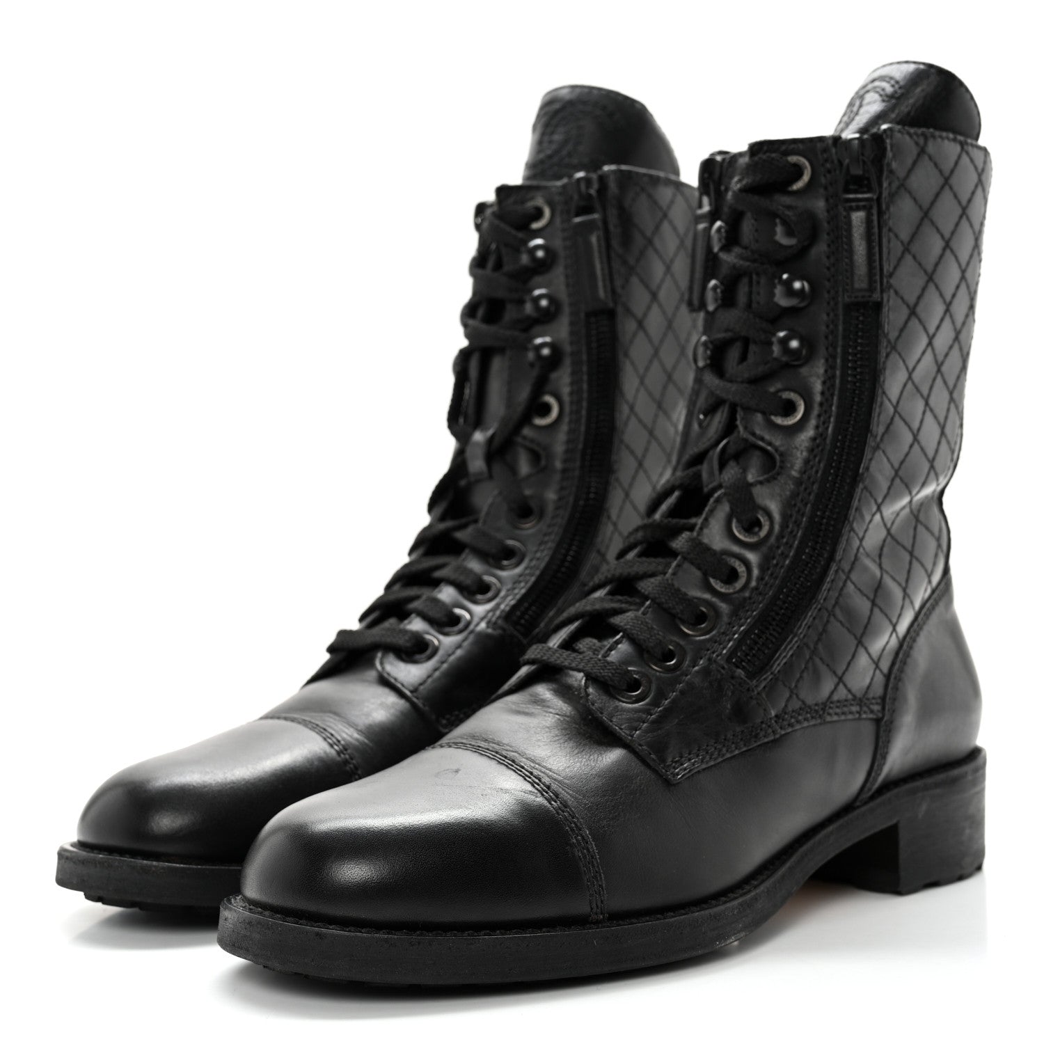 Chanel Calfskin Quilted Lace Up Combat Boots 40 Black 3 of 11