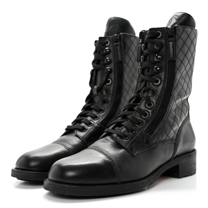 Chanel Calfskin Quilted Lace Up Combat Boots 40 Black 3 of 11
