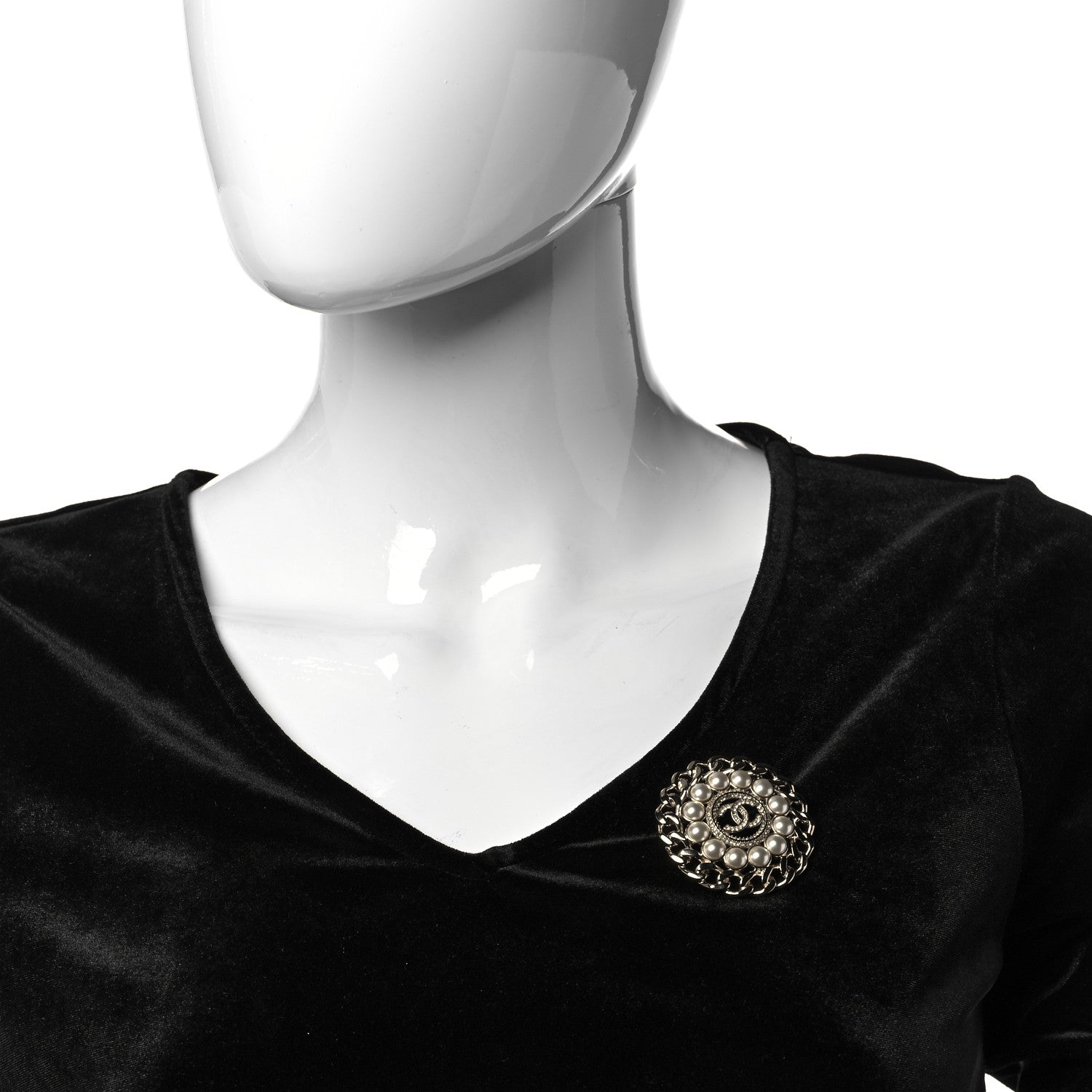 Chanel Crystal Chain Pearl Round CC Brooch Gold 2 of 4