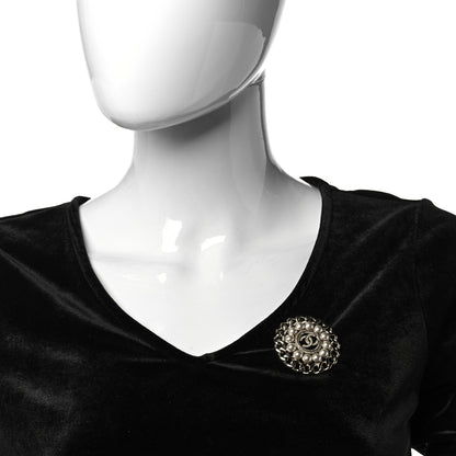 Chanel Crystal Chain Pearl Round CC Brooch Gold 2 of 4