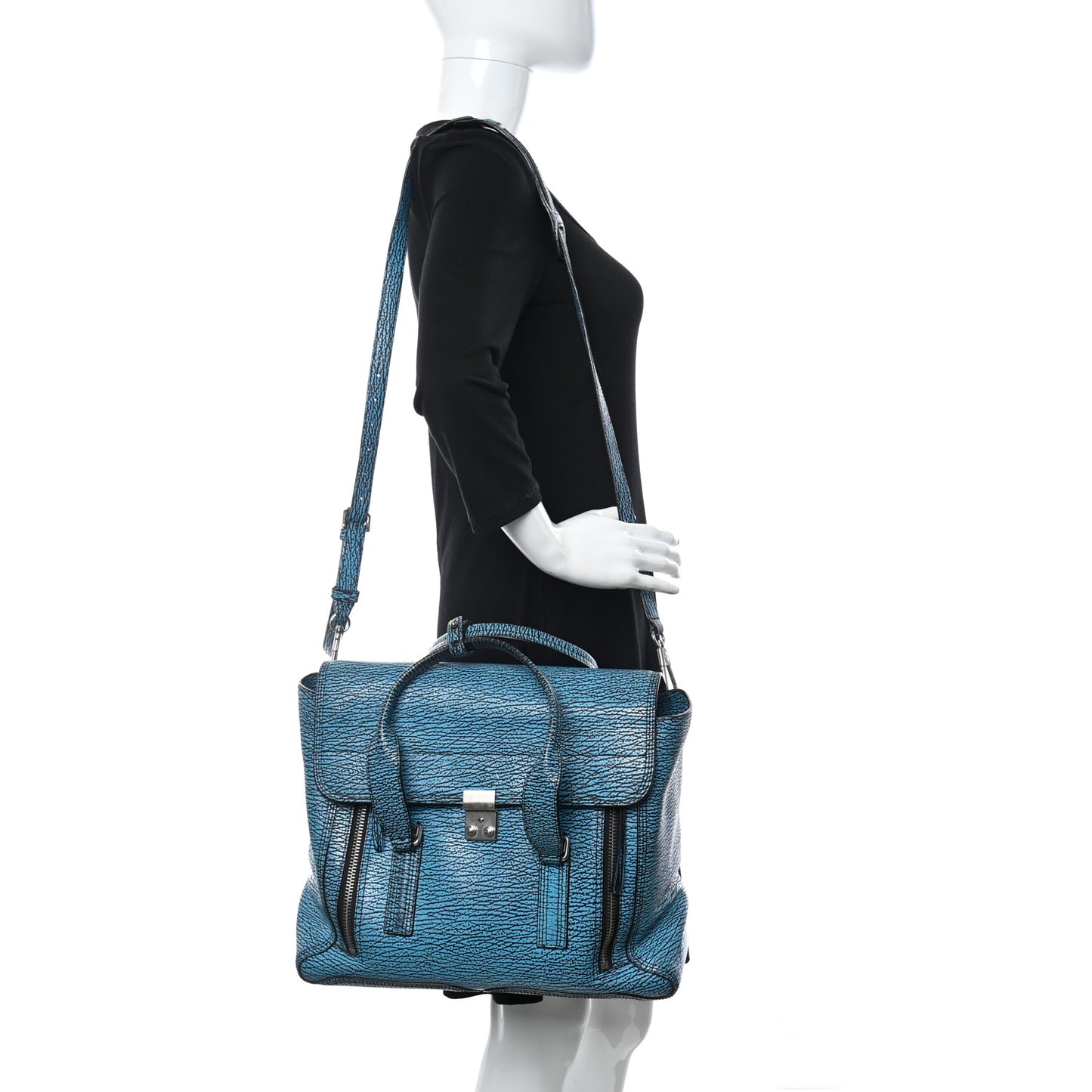 Shark Embossed Textured Calfskin Large Pashli Satchel Turquoise Black