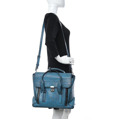 3.1 Phillip Lim Shark Embossed Textured Calfskin Large Pashli Satchel Turquoise Black 2 of 9