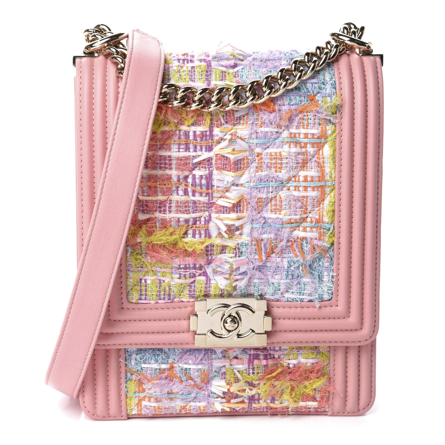 Calfskin Tweed Quilted North South Boy Flap Pink