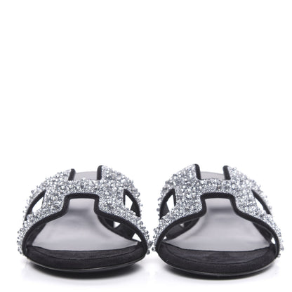 Hermes Suede Goatskin Crystal Oasis Sandals 38 Gris Argente Black 2 of 9