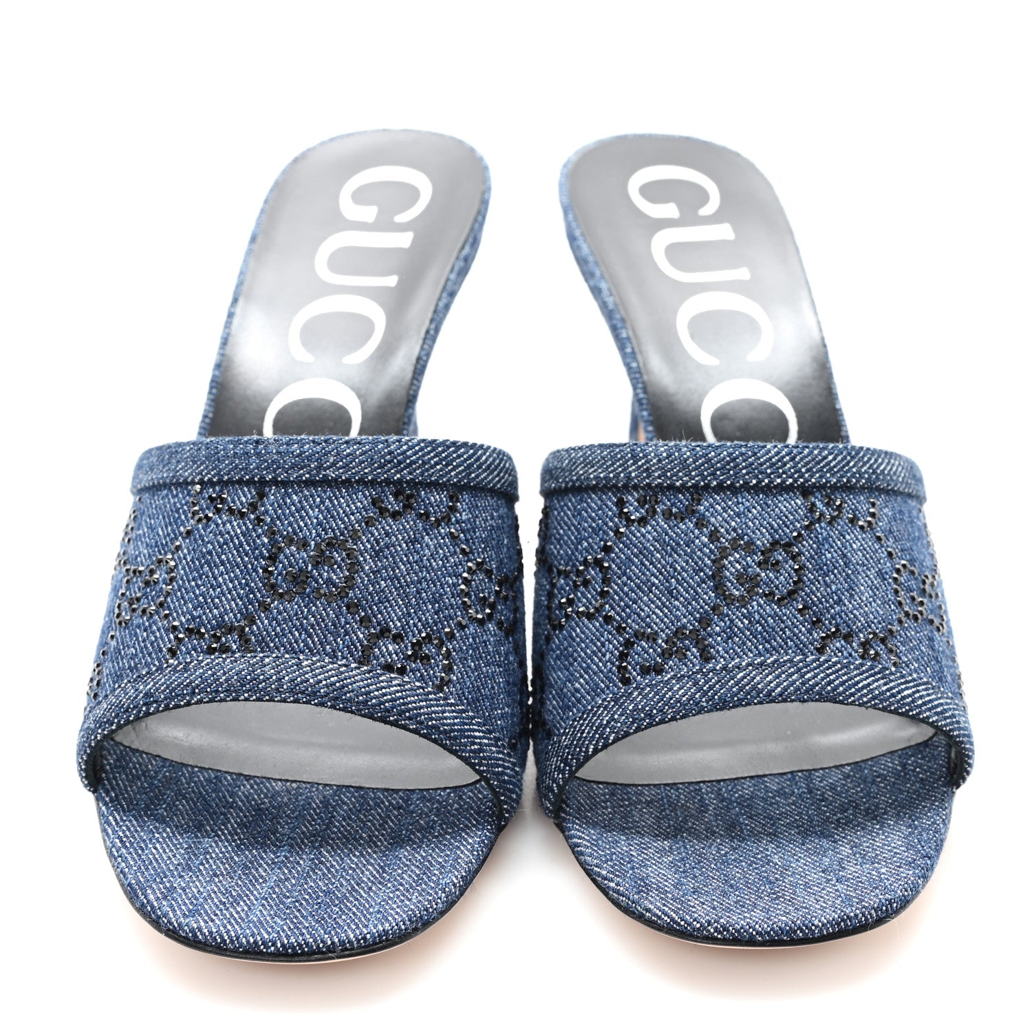 Gucci Denim Crystal GG Monogram Mules 37 Blue 3 of 11