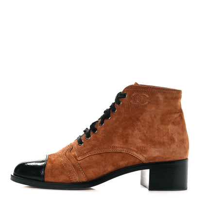 Chanel Suede Patent Cap Toe CC Boots 39 Beige Black 1 of 7