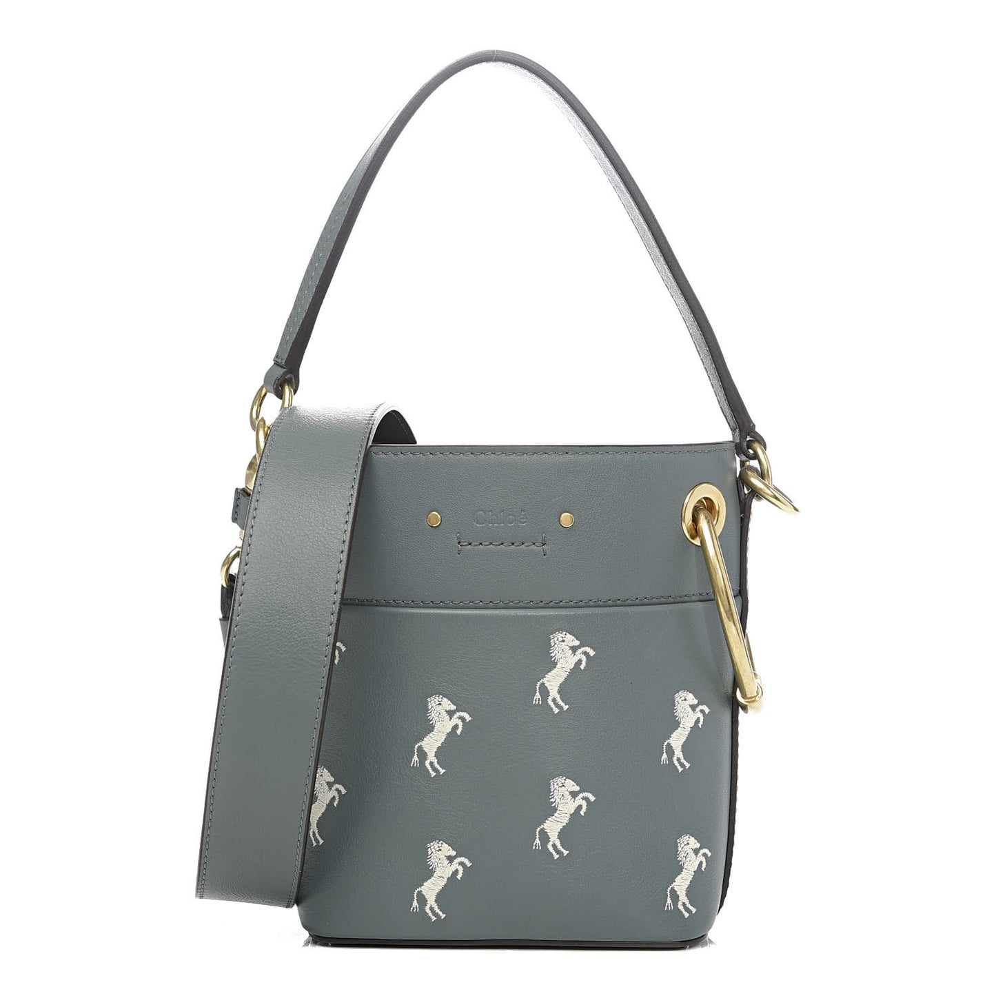Smooth Calfskin Little Horses Embroidered Mini Roy Bucket Bag Cloudy Blue