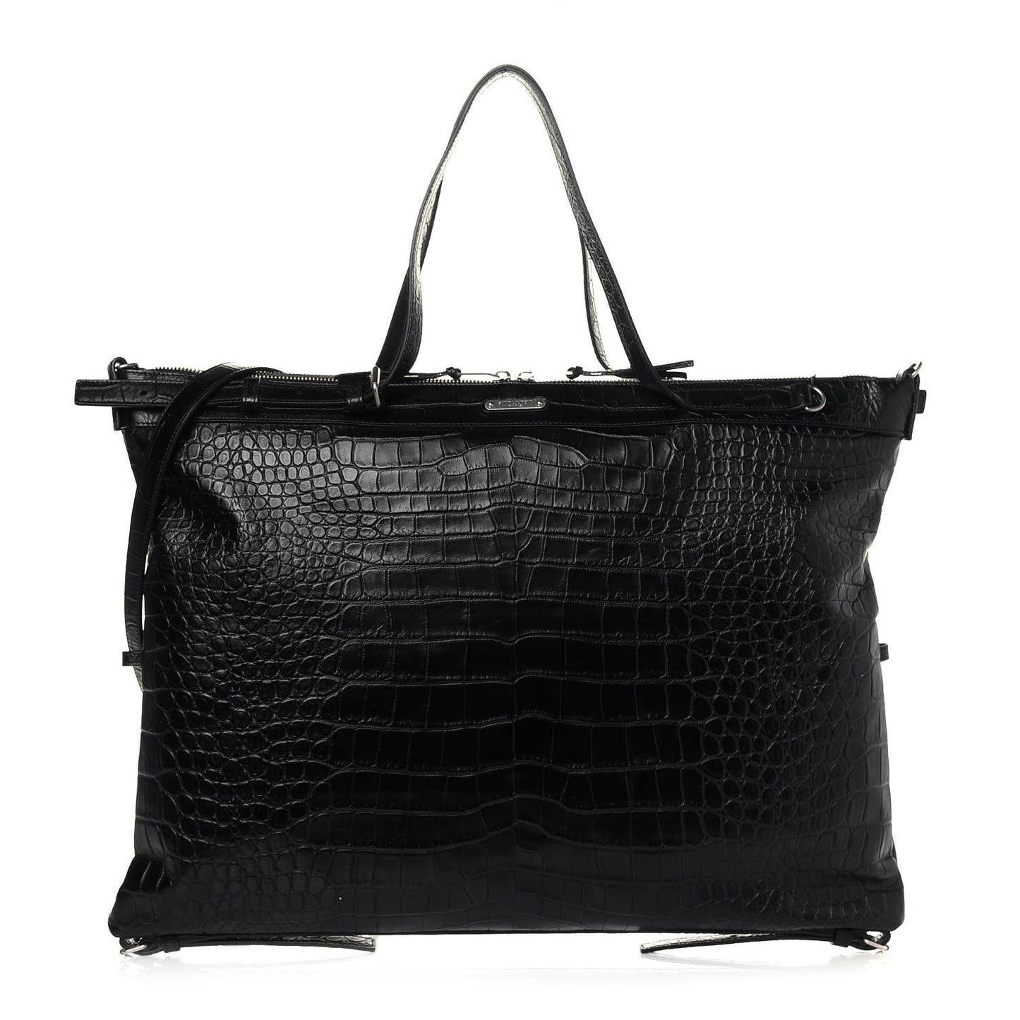 Calfskin Crocodile Embossed Large Convertible ID Bag Black
