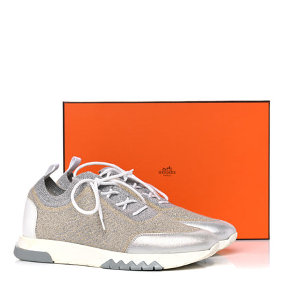 Hermes Metallic Knit Calfskin Suede Goatskin Bi-Color Womens Addict Sneakers 38 Multicolor Gris Argent 16 of 16