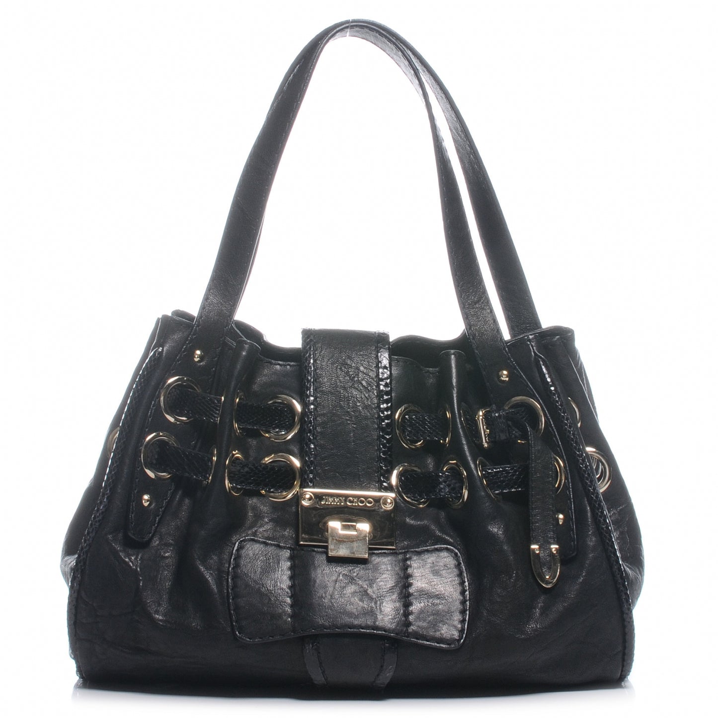 Leather Watersnake Trim Riki Tote Bag Black
