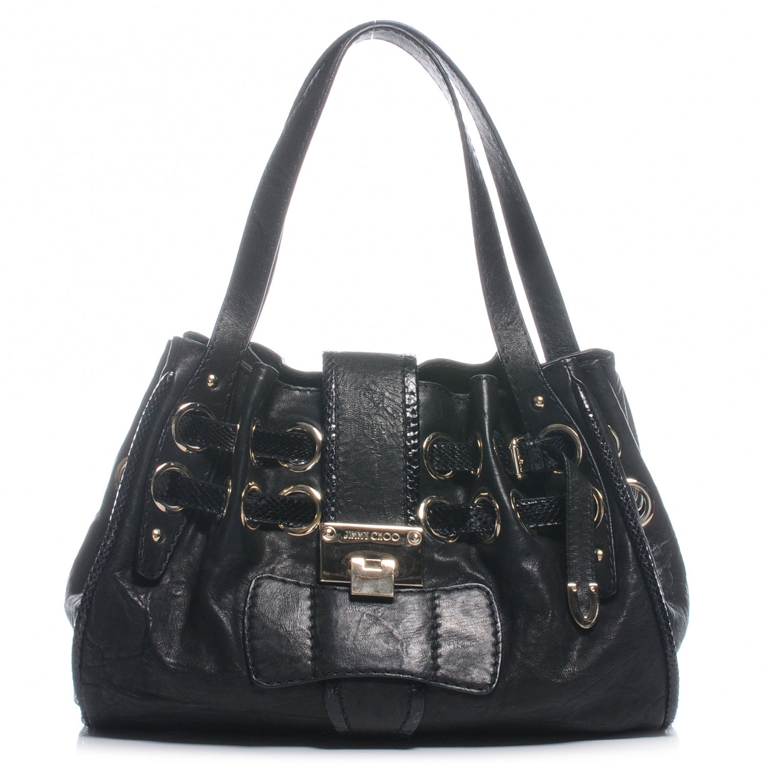 Jimmy Choo Leather Watersnake Trim Riki Tote Bag Black 1 of 7