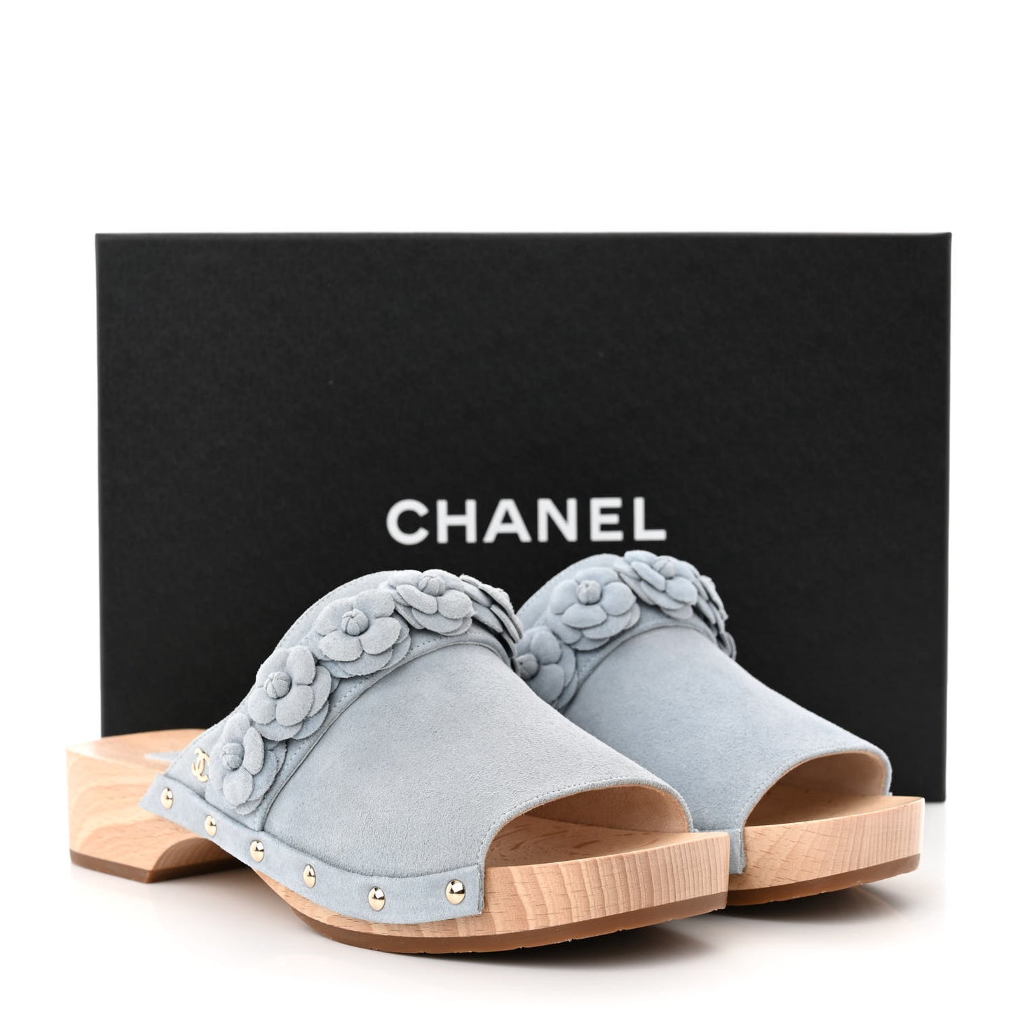 Suede Calfskin Camellia Mules 38 Light Blue