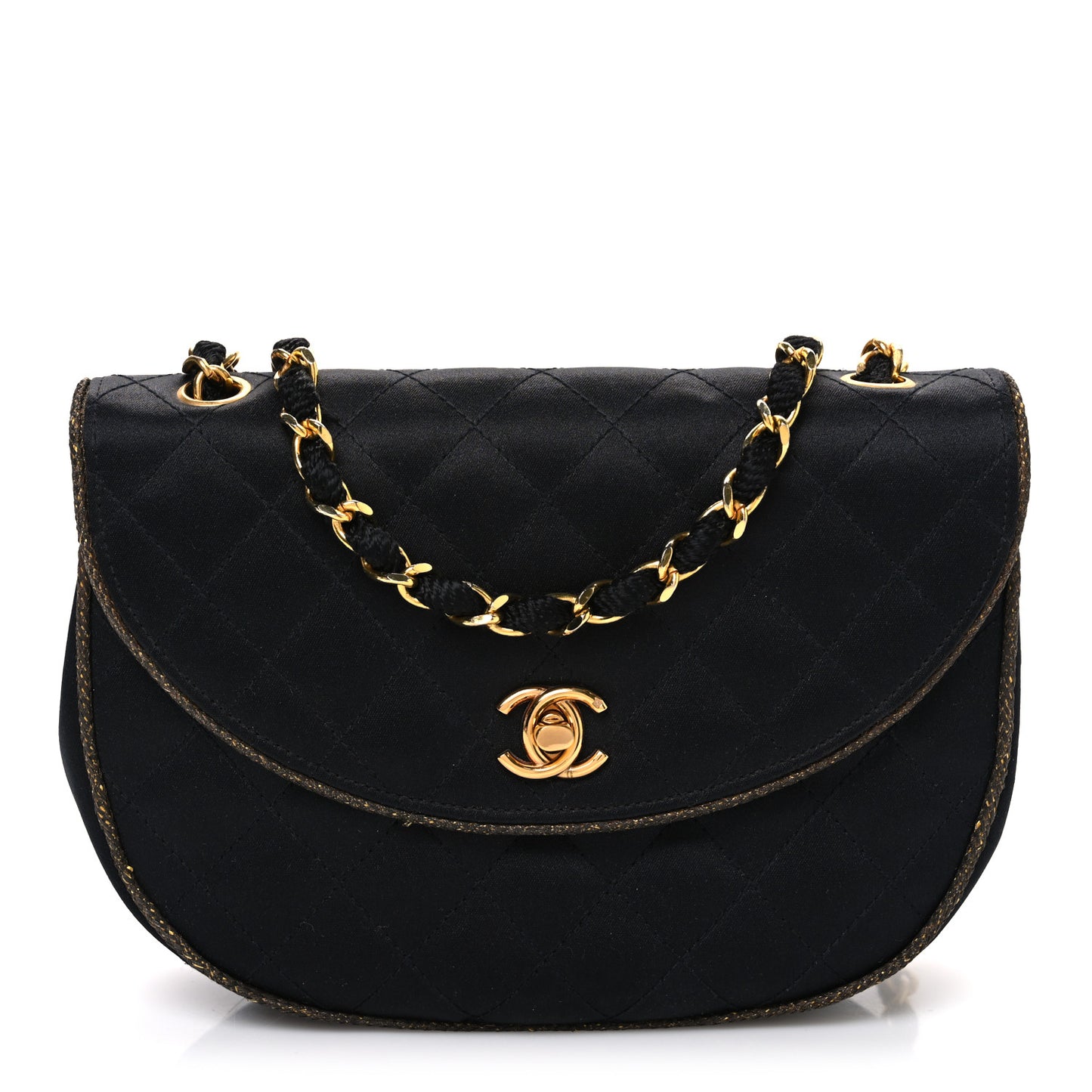 Satin Quilted Flap Shoulder Bag Black Gold