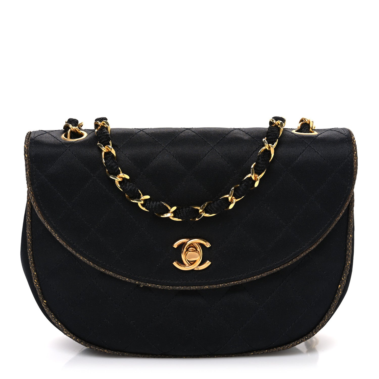 Chanel Satin Quilted Flap Shoulder Bag Black Gold 1 of 11