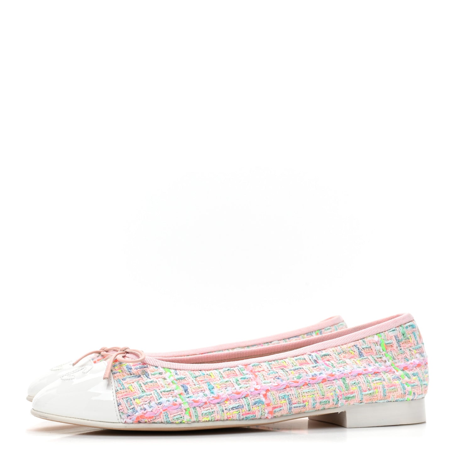 Tweed Patent Cap Toe Ballerina Flats 38 Pink White