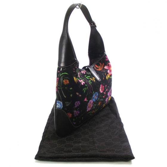 Canvas Floral Flora Medium Jackie O Bouvier Hobo Black