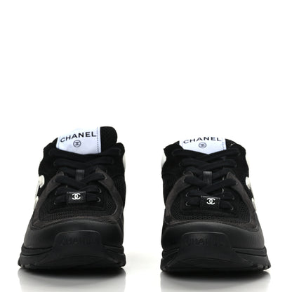 Chanel Mesh Suede Grained Calfskin Womens CC Sneakers 38 Black White 2 of 7