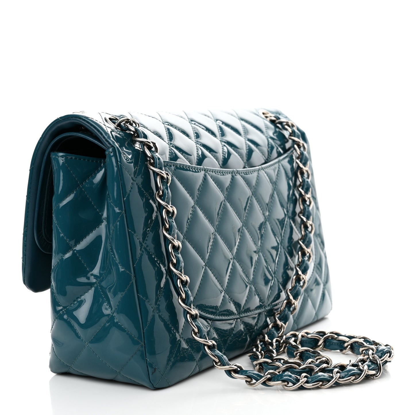 Patent Calfskin Quilted Jumbo Double Flap Turquoise