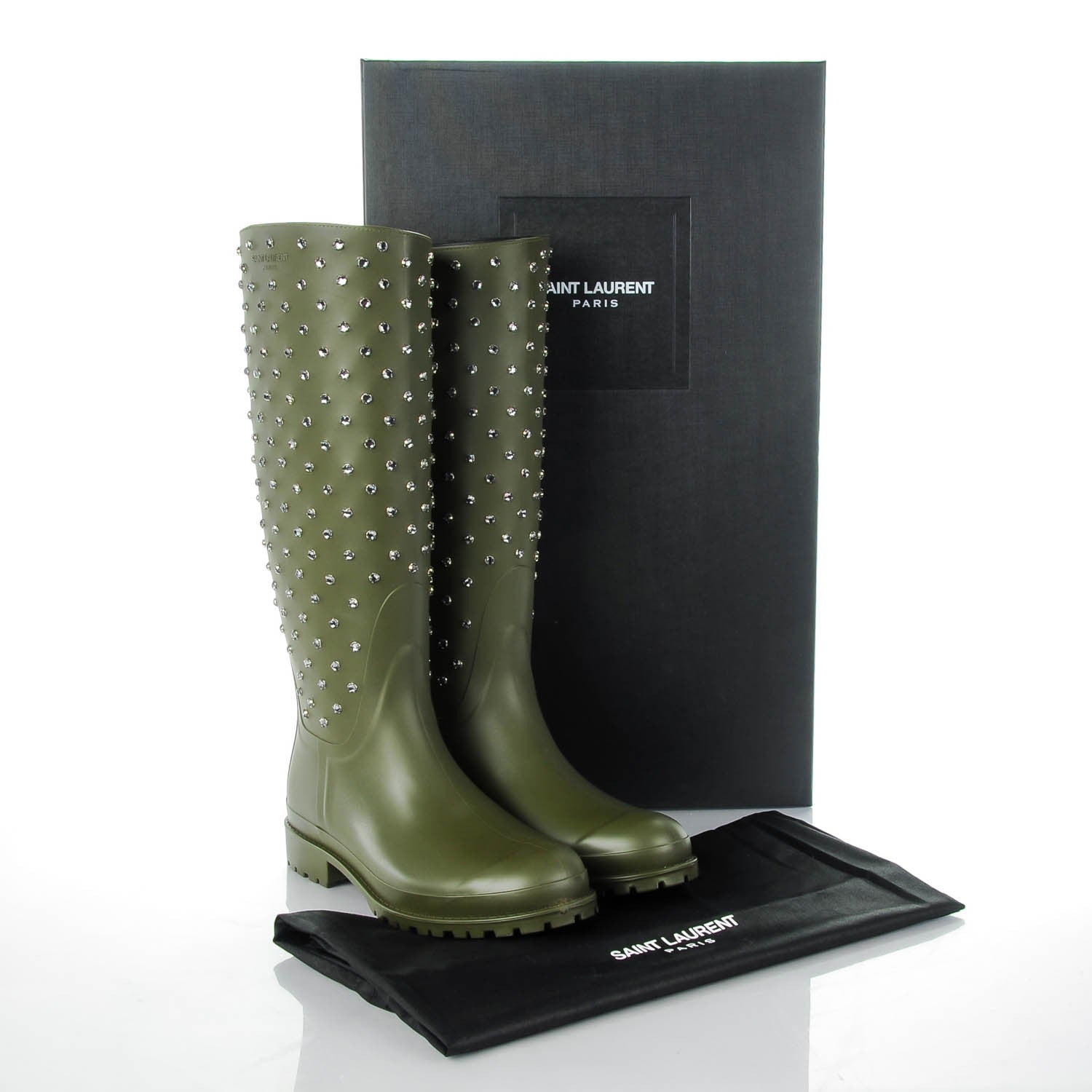 Saint Laurent Rubber Studded Festival Rain Boots 41 New Kaki Fonce 7 of 7