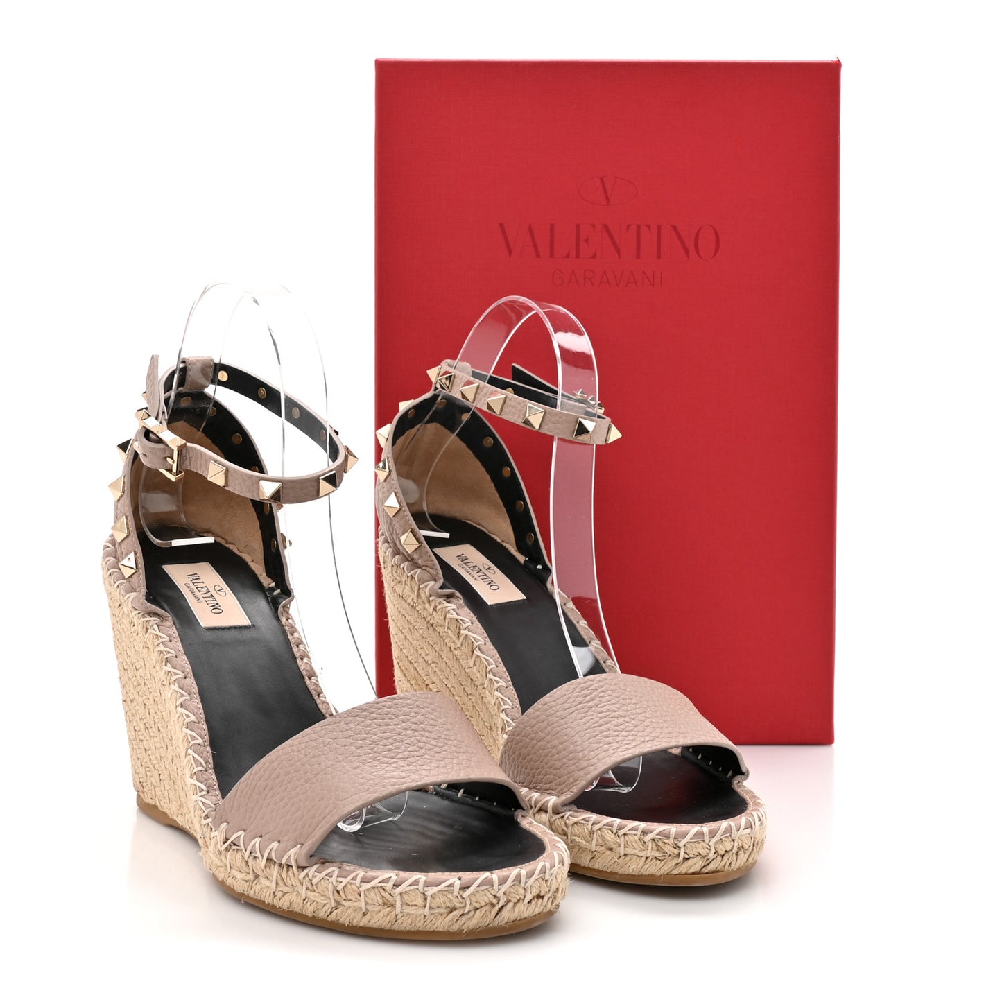 Grained Calfskin Rockstud Ankle Strap Espadrille 15/105mm Wedge Sandals 39 Rose Quartz Natural