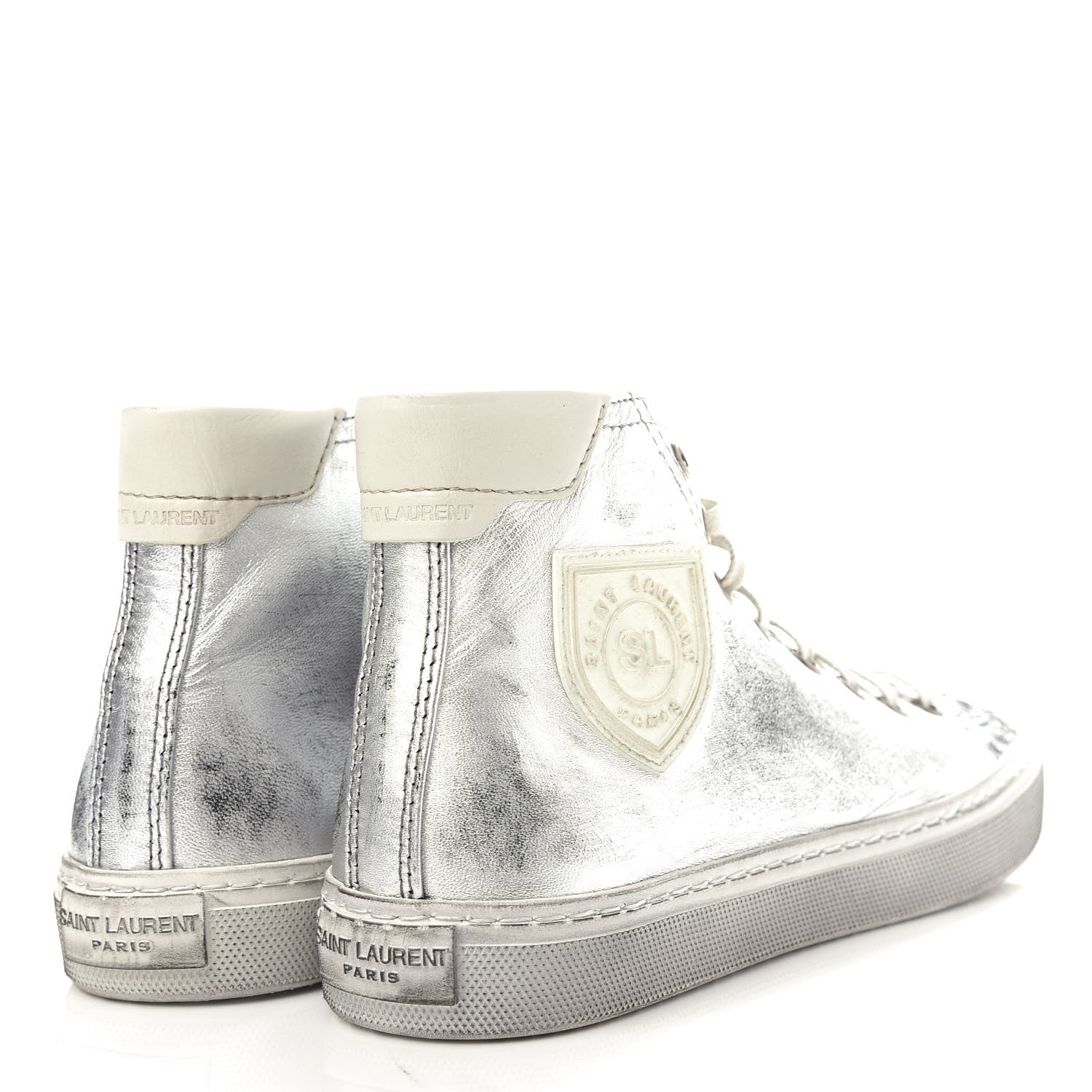 Saint Laurent Distressed Calfskin Bedford Logo-Appliqued Hightop Sneakers 36 Argento Cream White 4 of 11