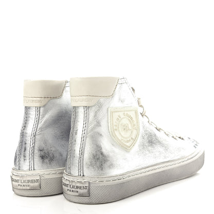Saint Laurent Distressed Calfskin Bedford Logo-Appliqued Hightop Sneakers 36 Argento Cream White 4 of 11