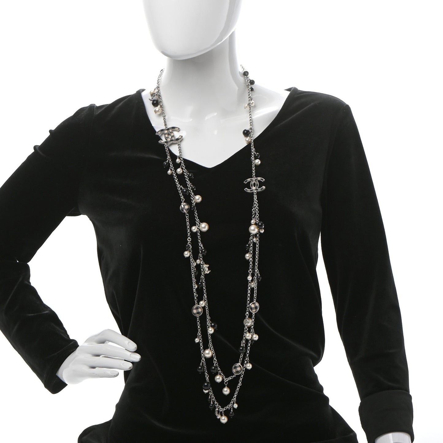 Pearl Beaded Gingham CC Long Necklace Silver Black