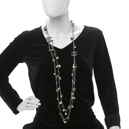 Chanel Pearl Beaded Gingham CC Long Necklace Silver Black 2 of 5
