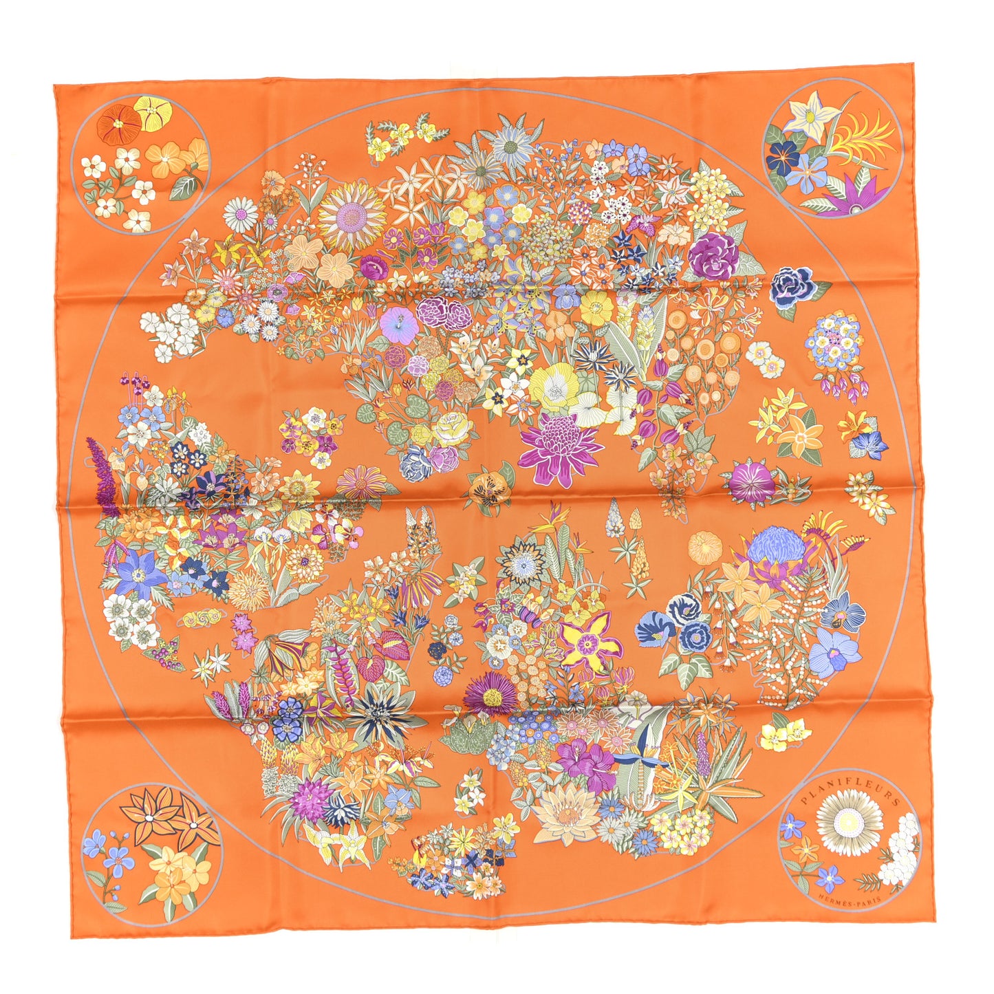 Silk Planifleurs Scarf 90 Orange Vert Fuchsia