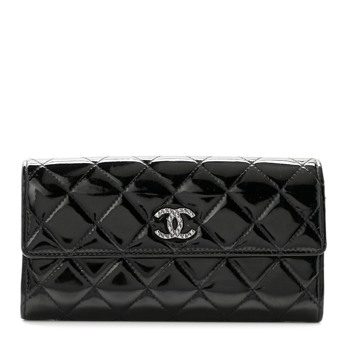 Patent Quilted Large Brilliant Flap Wallet Black