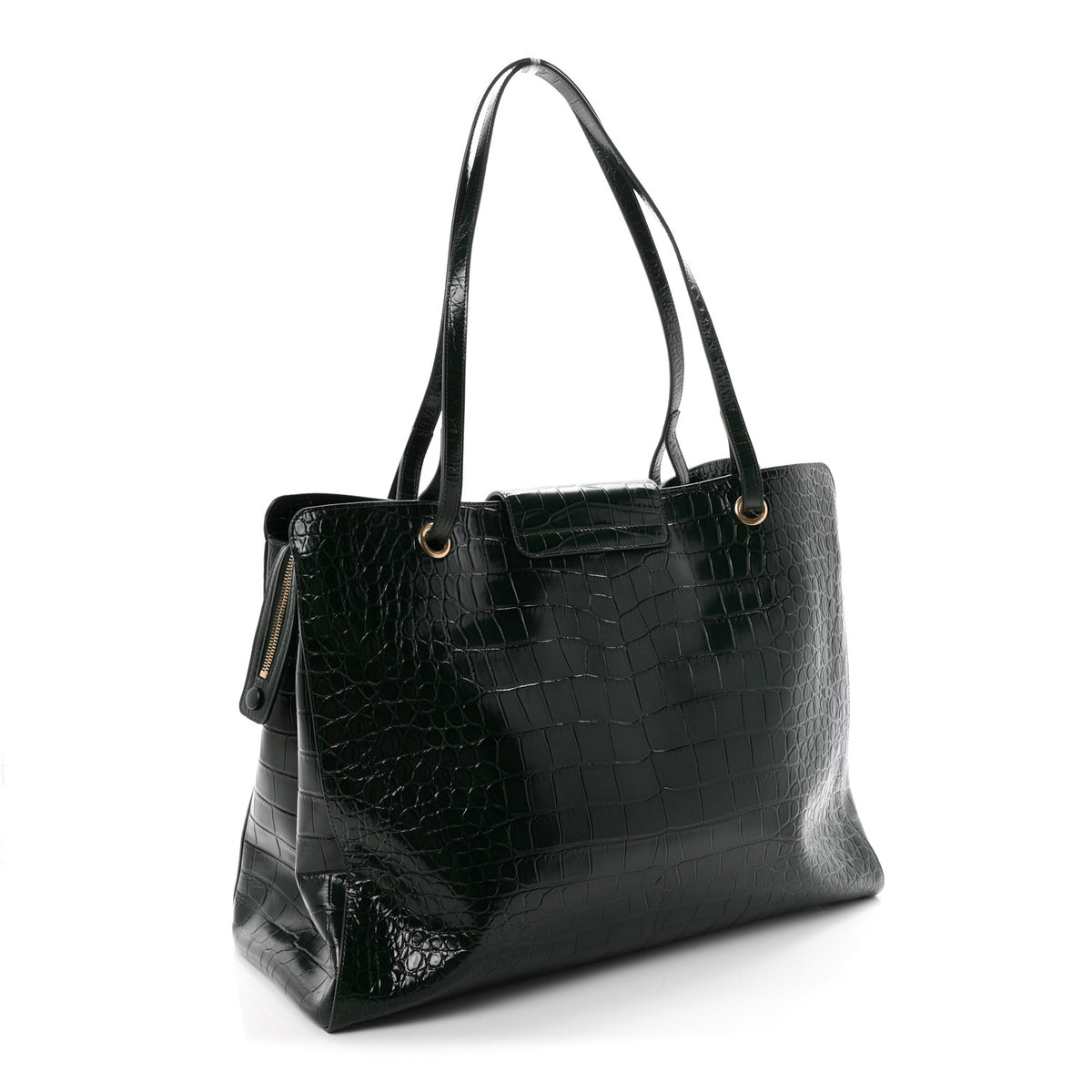 Calfskin Crocodile Embossed Large Shopping Bag Dark Green