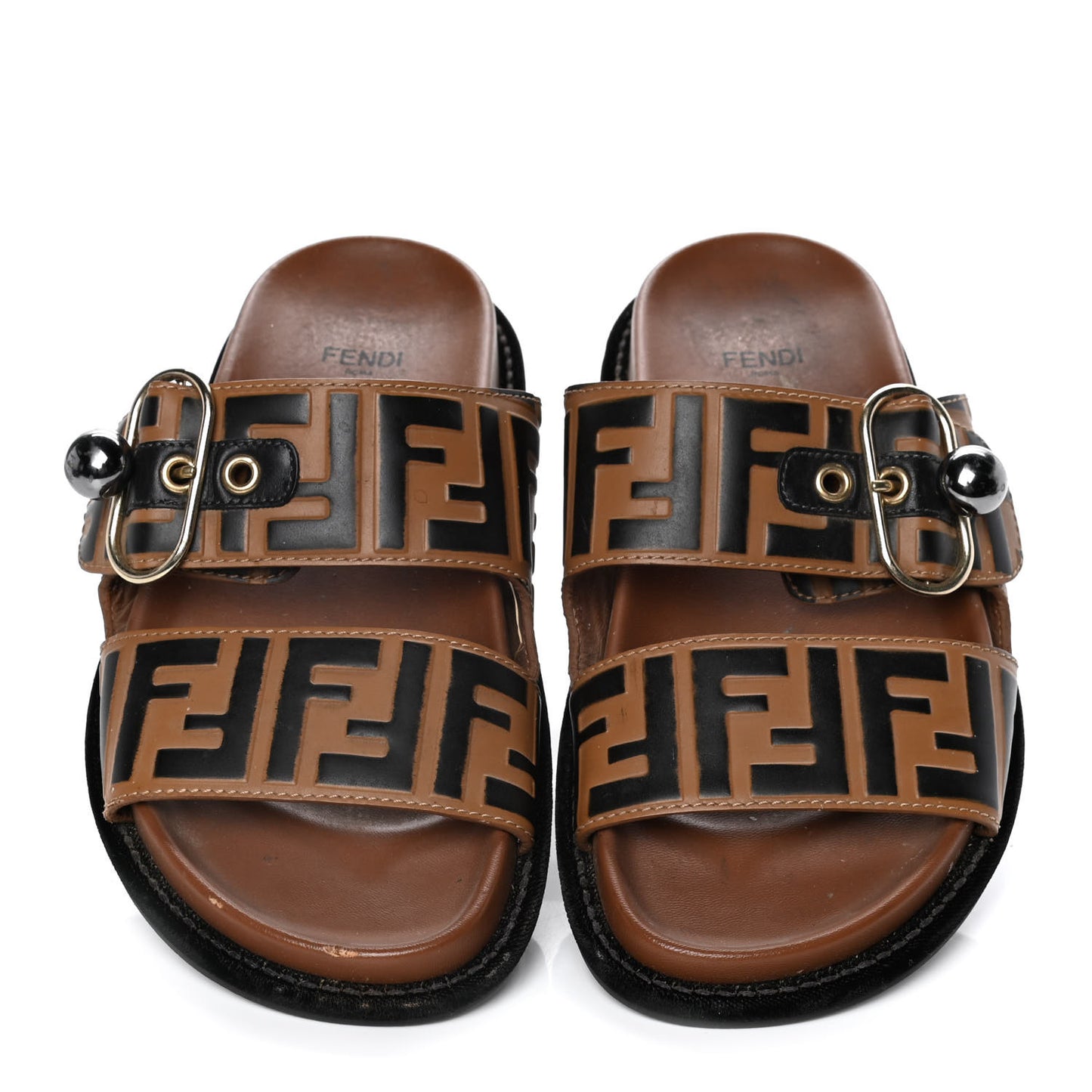 Calfskin FF Embossed Pearland Slide Sandals 36 Tobacco Moro