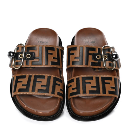 Fendi Calfskin FF Embossed Pearland Slide Sandals 36 Tobacco Moro 5 of 10