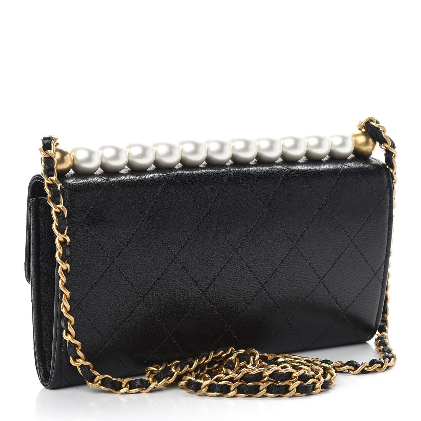 Goatskin Quilted Chic Pearls Clutch With Chain Black