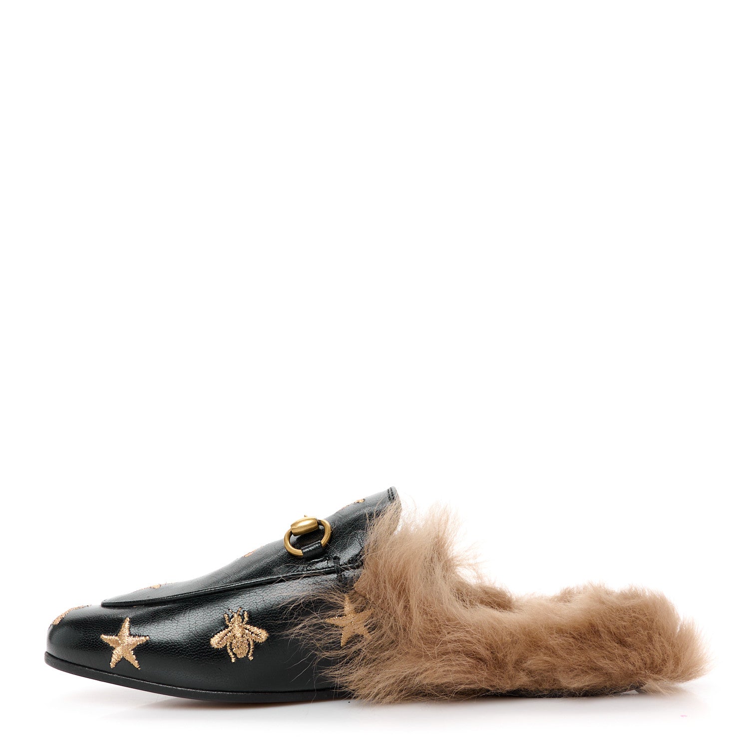Gucci Goatskin Fur Bee Star Embroidered Womens Princetown Slippers