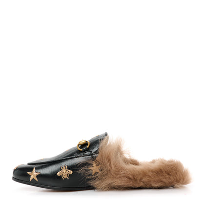 Gucci Goatskin Fur Bee Star Embroidered Womens Princetown Slippers 35.5 Black 1 of 9