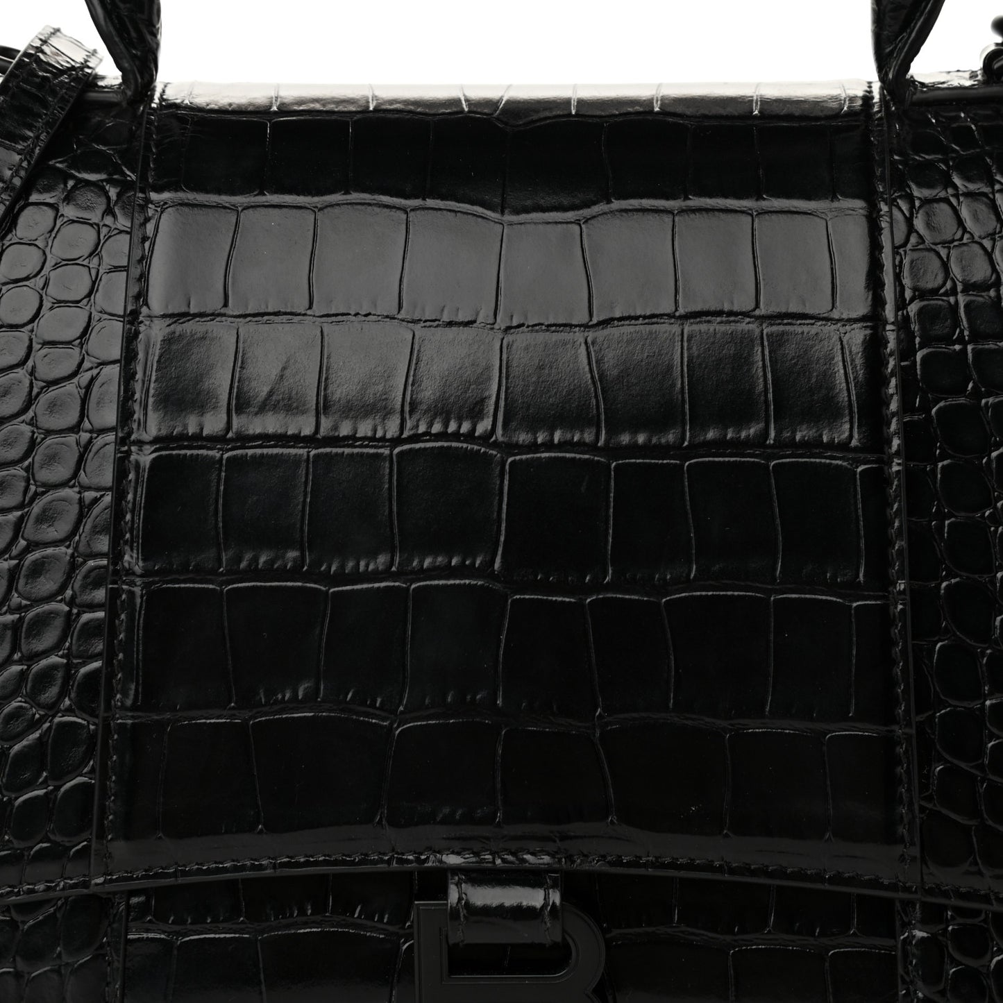 Shiny Calfskin Monochrome Crocodile Embossed Medium Hourglass Top Handle Bag Black