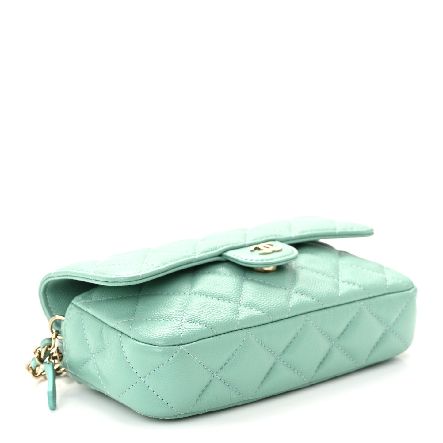 Caviar Quilted Flap Phone Holder With Chain Turquoise