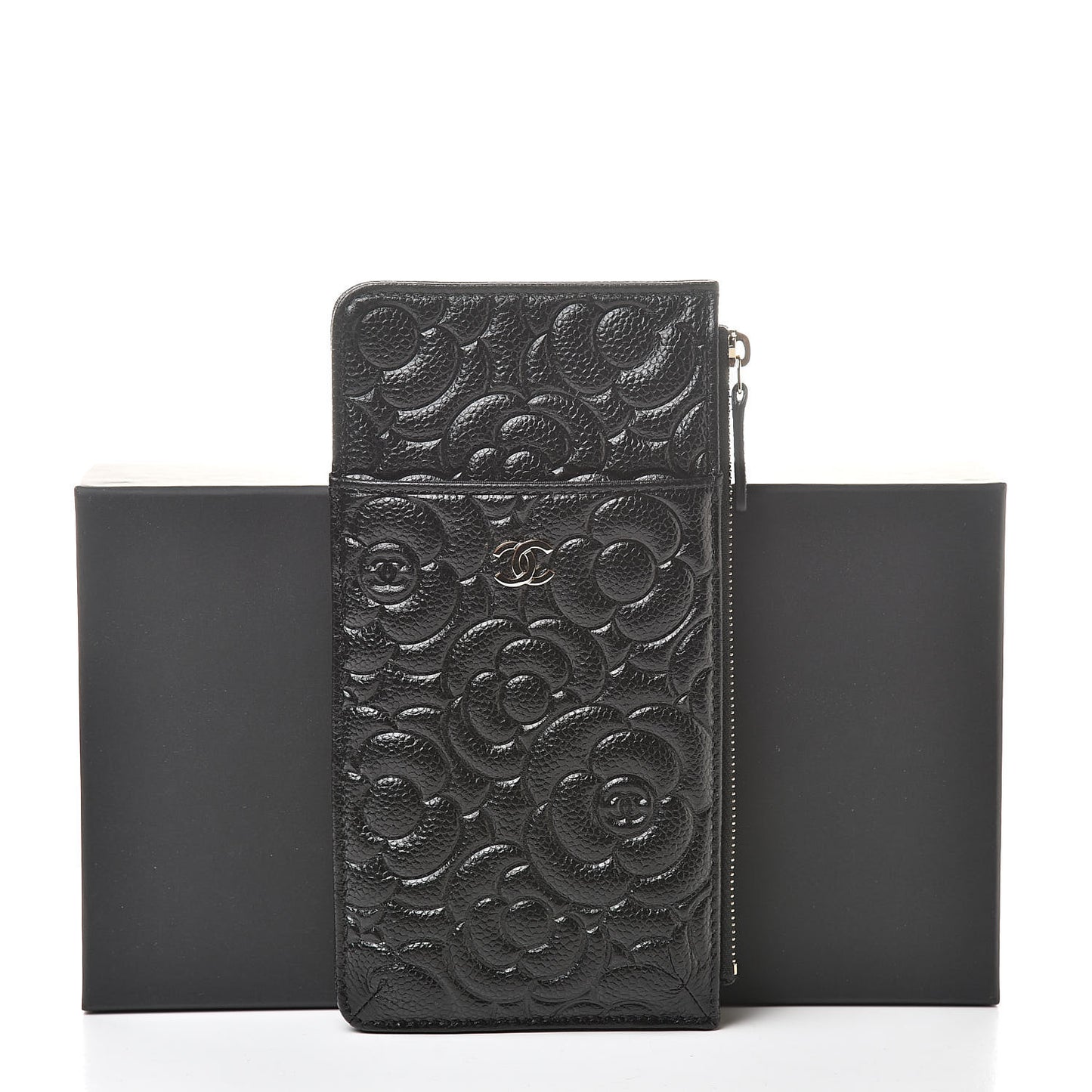 Caviar Camellia Embossed Classic Flat Wallet Pouch Black
