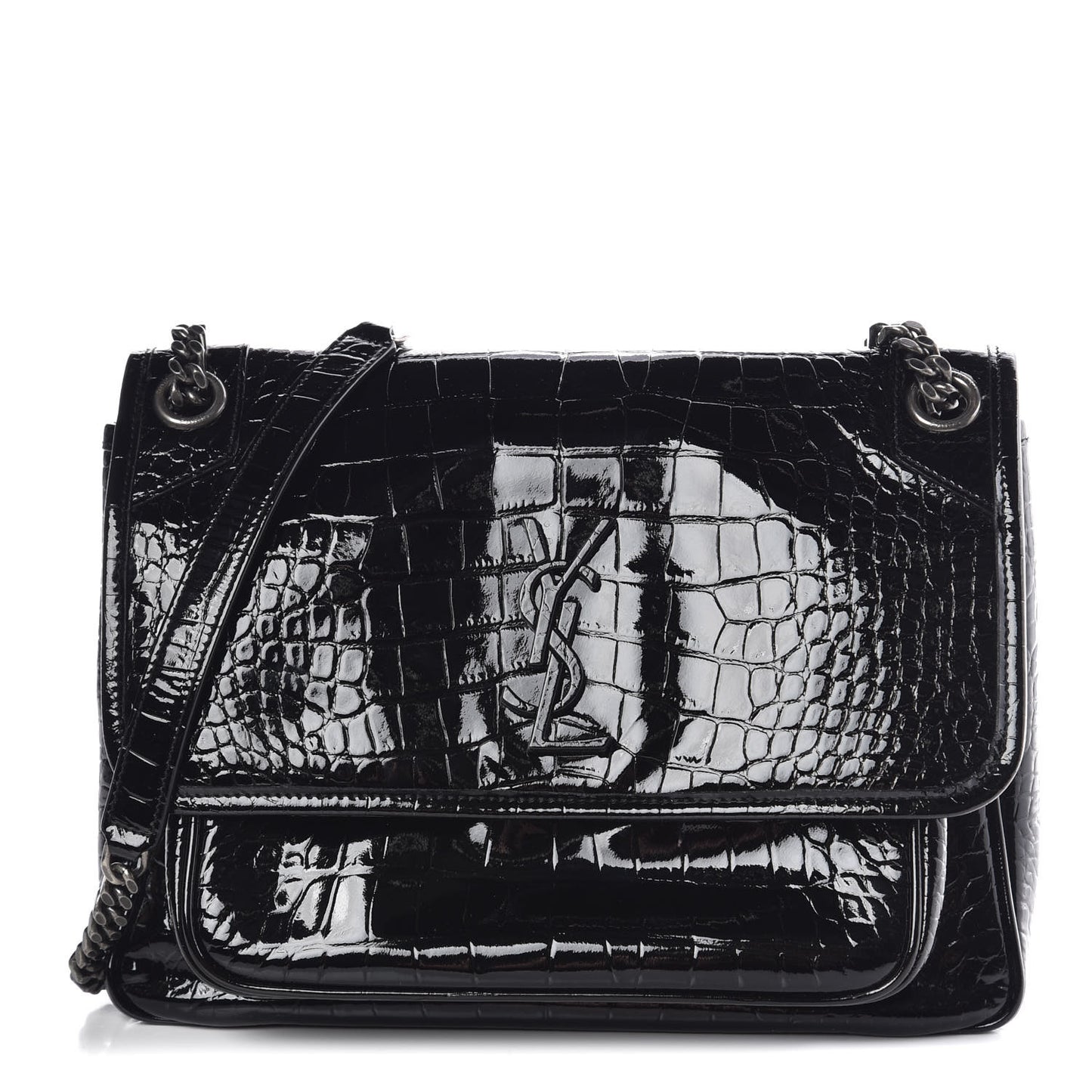 Patent Crocodile Embossed Lambskin Monogram Medium Niki Chain Satchel Black