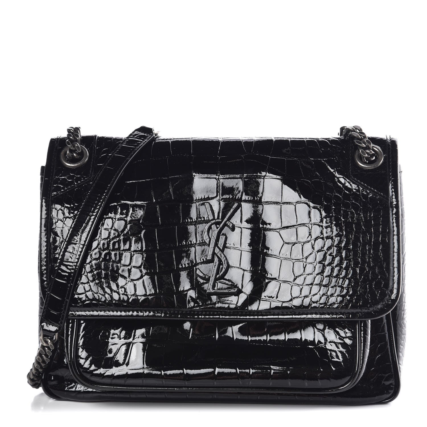 Saint Laurent Patent Crocodile Embossed Lambskin Monogram Medium Niki Chain Satchel Black 1 of 9