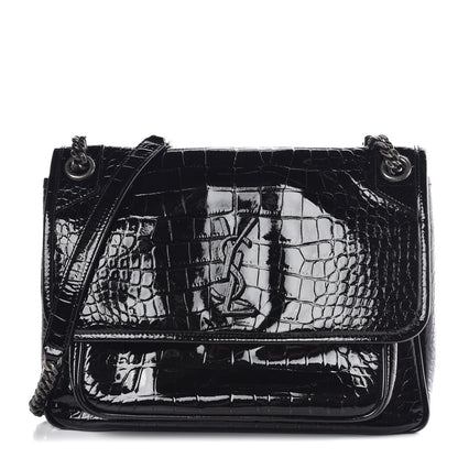 Saint Laurent Patent Crocodile Embossed Lambskin Monogram Medium Niki Chain Satchel Black 1 of 9